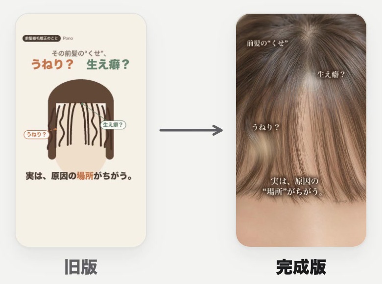旧版（Claude Codeだけで作った図解の前髪）と、完成版（役割を分けて作った前髪）の比較